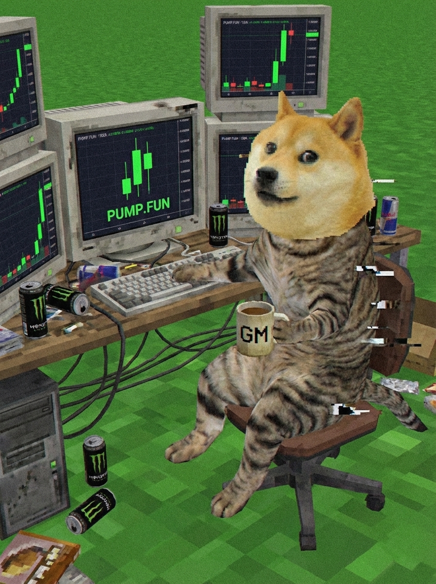 Trading desk with PUMP.FUN screens