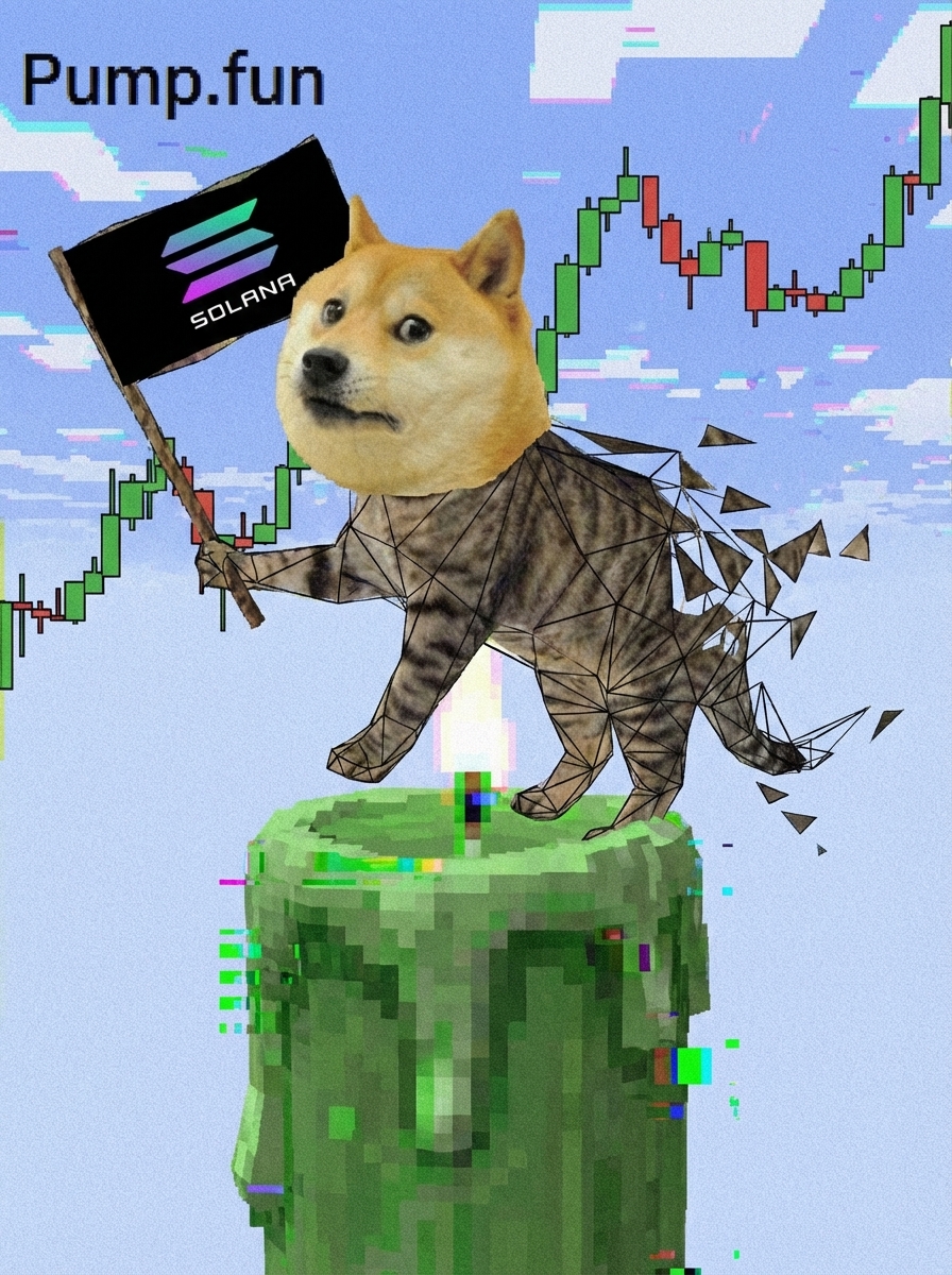Pump.fun - Standing on pixelated pedestal with Solana flag