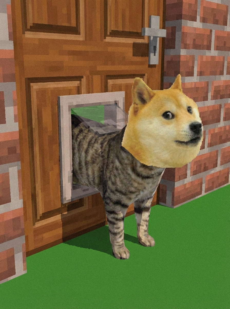 Coming through cat door in Minecraft brick wall
